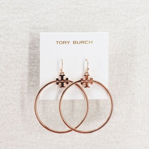 Tory Burch Jewelry - Tory Burch Stacked T Logo Hoop Earrings Rose Gold OS